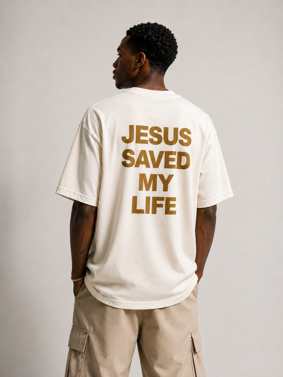 Camiseta Oversized Jesus Saved My Life Off White