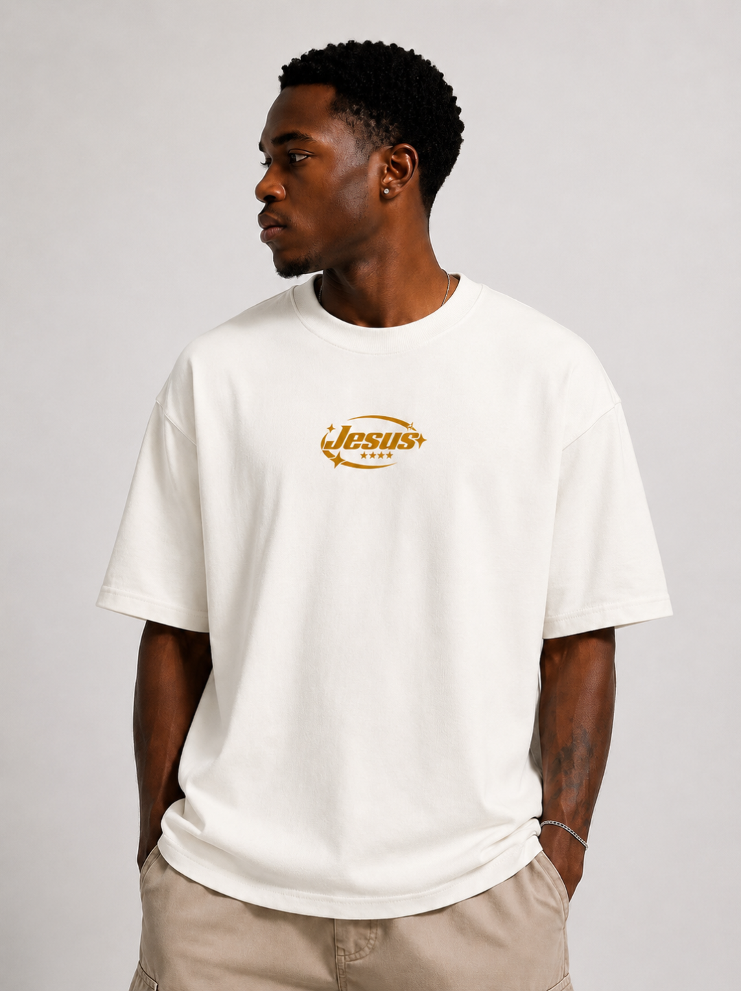 Camiseta Oversized Jesus Saved My Life Off White — foto 3
