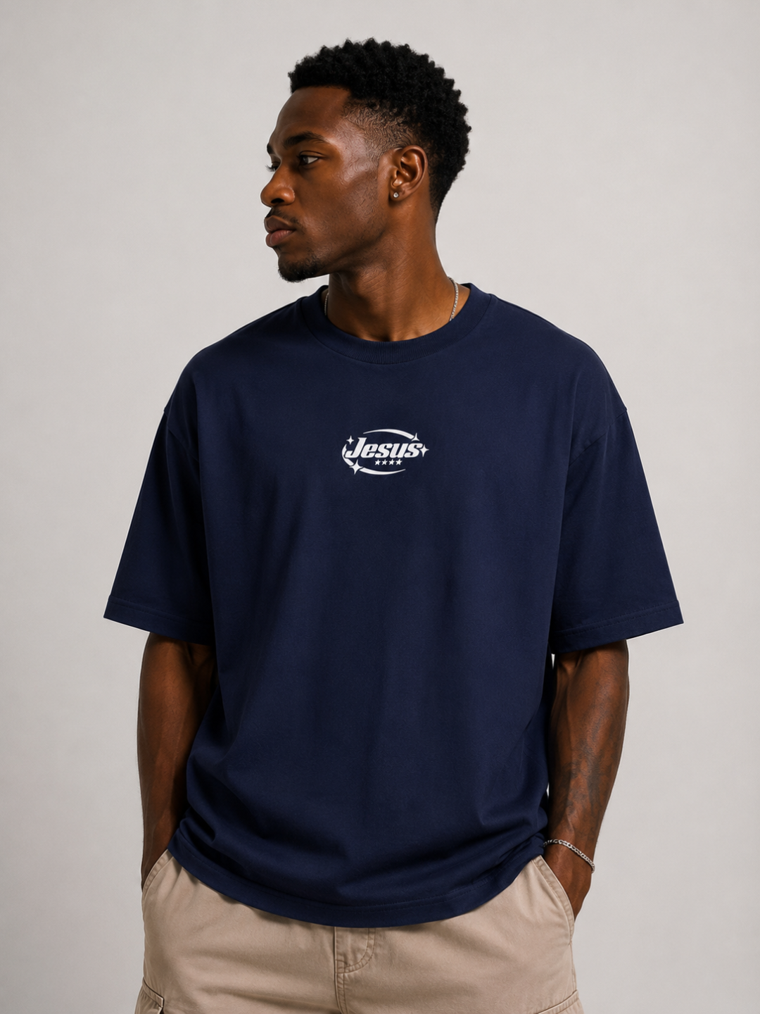 Camiseta Oversized Jesus Saved My Life Marinho — foto 3