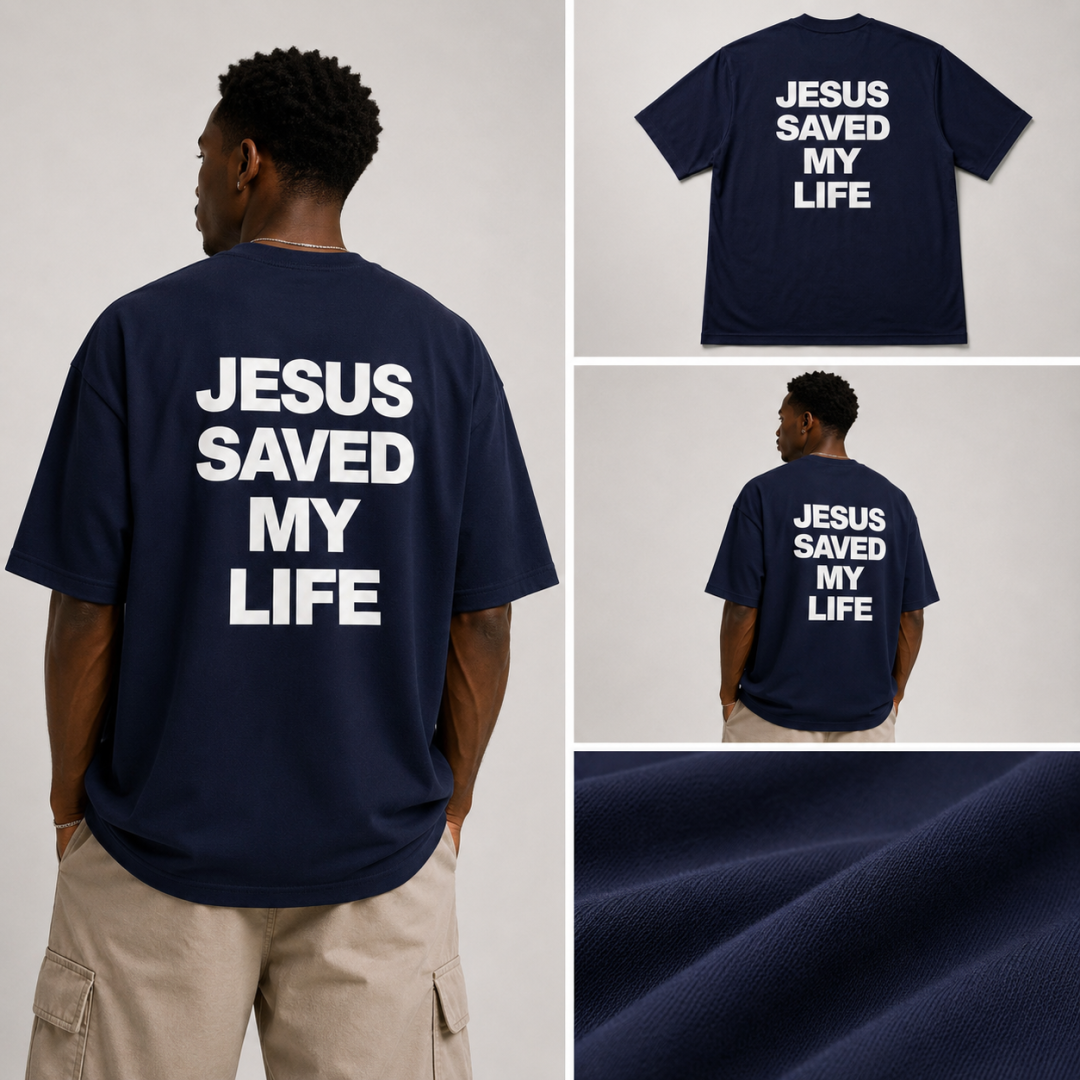 Camiseta Oversized Jesus Saved My Life Marinho — foto 5