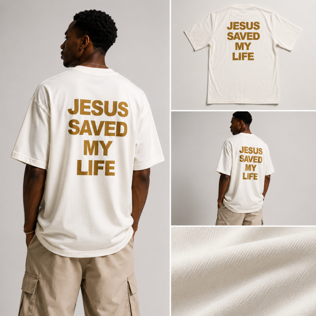 Camiseta Oversized Jesus Saved My Life Off White — foto 5
