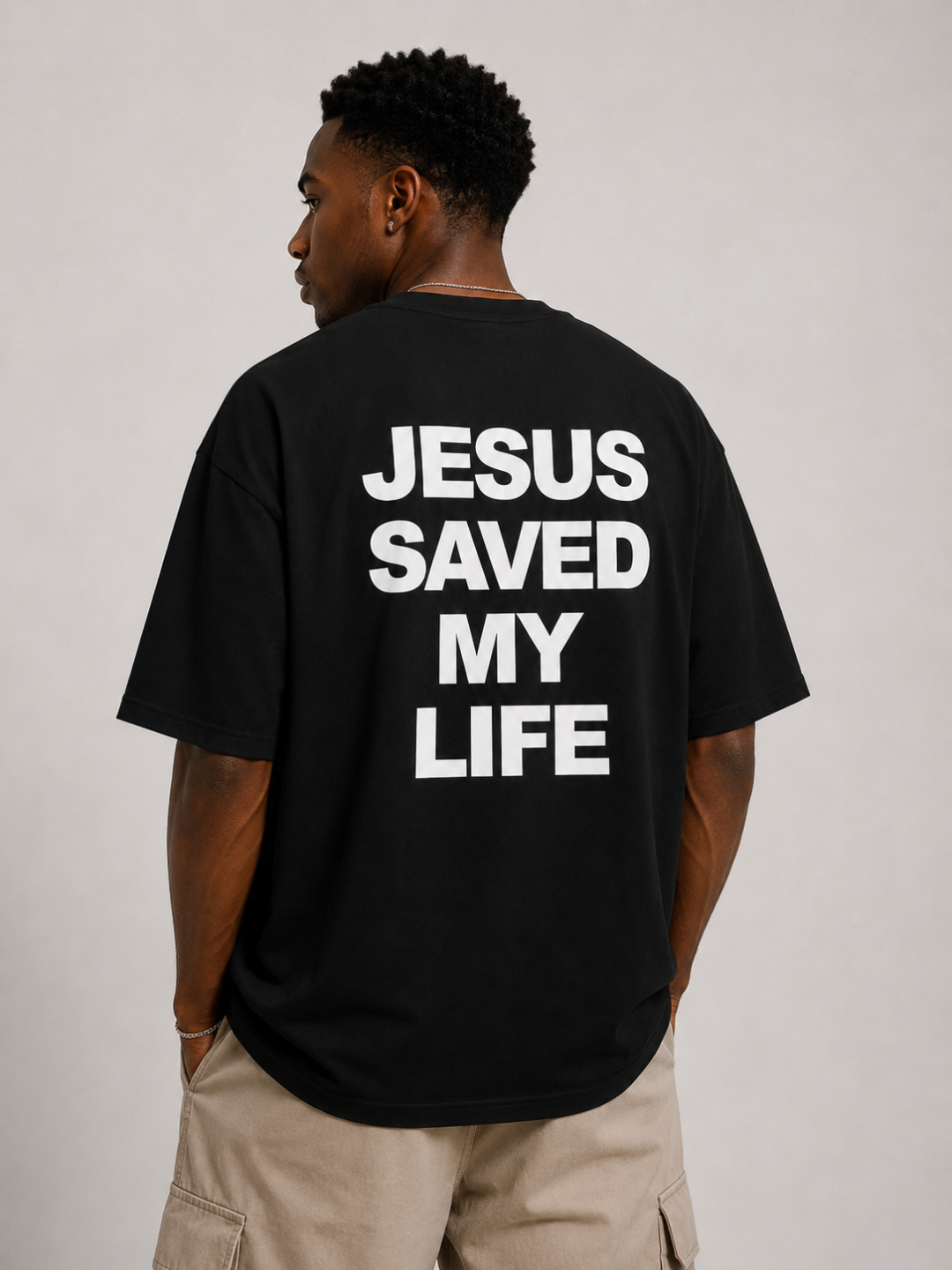 Camiseta Oversized Jesus Saved My Life Preto