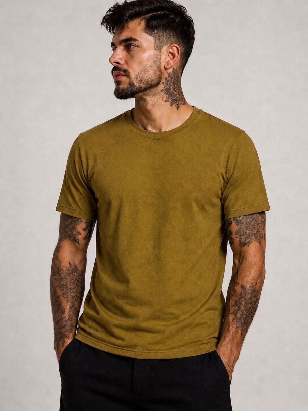 Camiseta Slim Fit Essential Zara — Mostarda Oliva — foto 2